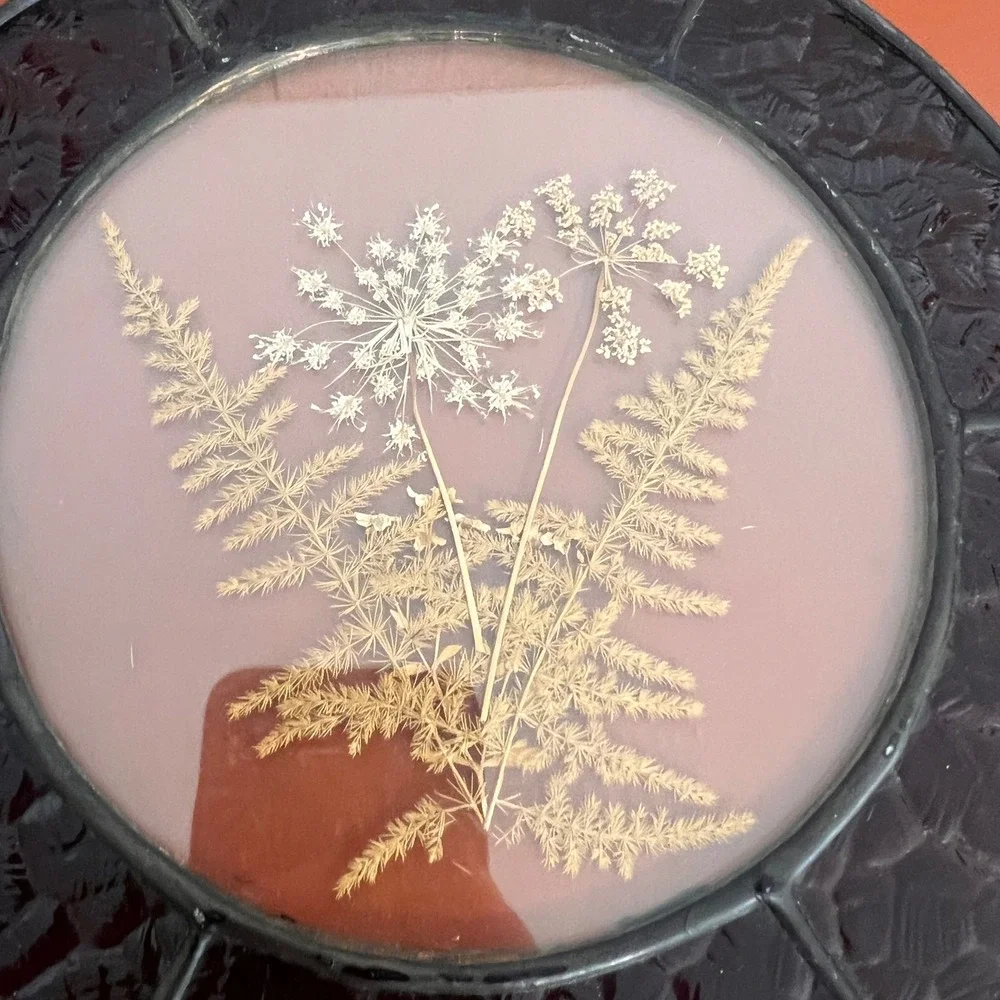 Vintage Pressed Flower Stained Glass Suncatcher Round Burgundy Floral Wall Art